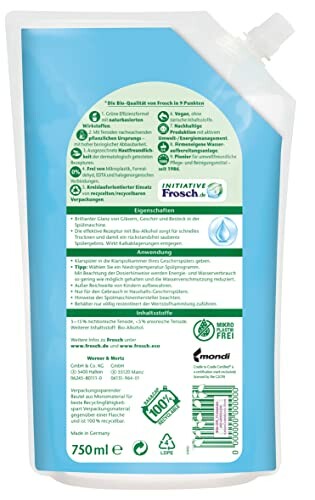 Frosch wasmiddel navulverpakking met instructies en informatie.